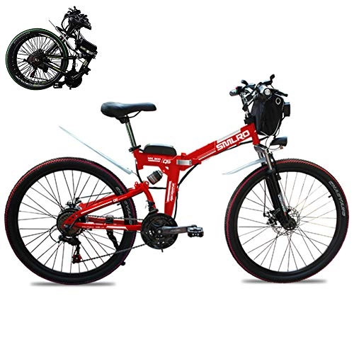 Bicicleta de montaña eléctrica plegables : GHH 26"Bicicleta eléctrica de montaña, Plegable Bicicleta de Montaña Frenos de Engranaje de Disco 21 velocidades (48V 350W) Batería extraíble de Iones de Litio, Rojo