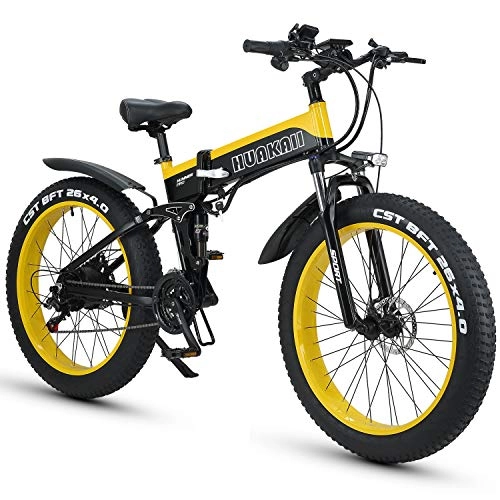 Bicicleta de montaña eléctrica plegables : HUAKAII Bicicleta Eléctrica Plegable De 26", Bicicleta De Montaña Eléctrica Fat Tire Ebike 1000w 48v 13ah (Amarillo)