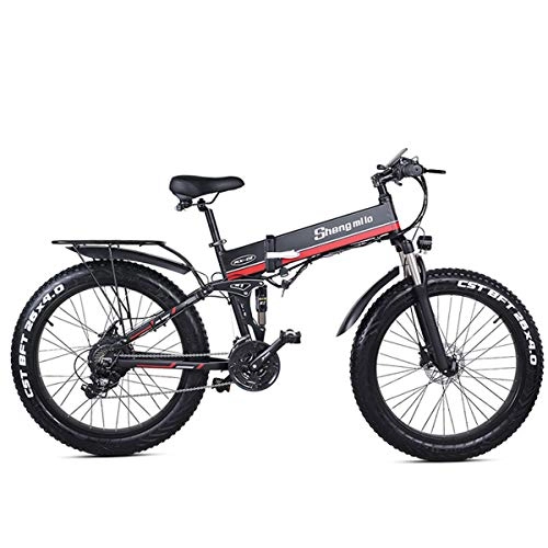 Bicicleta de montaña eléctrica plegables : JARONOON MX01 Bicicleta eléctrica Plegable de 26 Pulgadas, Potente Motor de 48V 1000W, Bicicleta de montaña, Bicicleta Gorda, Asistente de Pedal de 5 Niveles (Red, 500W 12.8Ah)