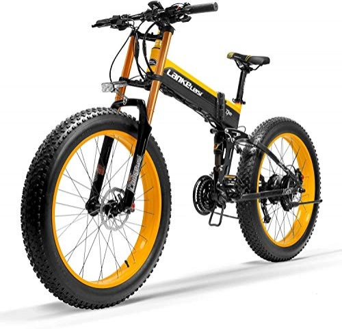 Bicicleta de montaña eléctrica plegables : JINHH 27 Velocidad 1000W Bicicleta elctrica Plegable 26 * 4.0 Fat Bike 5 Pas Freno de Disco hidrulico 48V 10Ah Carga de batera de Litio extrable (Amarillo actualizado, 1000W)