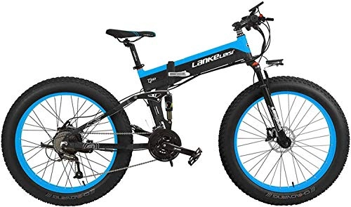 Bicicleta de montaña eléctrica plegables : JINHH 27 Velocidad 500W Bicicleta eléctrica Plegable 26 * 4.0 Fat Bike 5 Pas Freno de Disco hidráulico 48V 10Ah Carga de batería de Litio extraíble (Azul estándar, 500W + 1 Repuesto