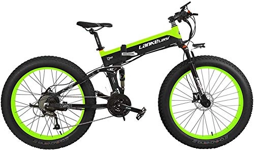 Bicicleta de montaña eléctrica plegables : JINHH 27 Velocidad 500W Bicicleta eléctrica Plegable 26 * 4.0 Fat Bike 5 Pas Freno de Disco hidráulico 48V 10Ah Carga de batería de Litio extraíble (Verde estándar, 500W + 1 Spar