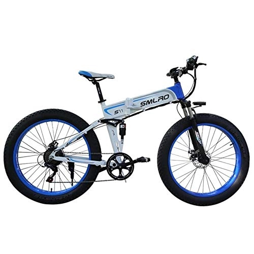 Bicicleta de montaña eléctrica plegables : Knewss 1000W Ruedas de Motor de pulgas octogonales Bicicleta eléctrica de Servicio Pesado Bicicleta de batería de Litio Plegable 14Ah Bicicleta de montaña-48V10AH Blanco Azul