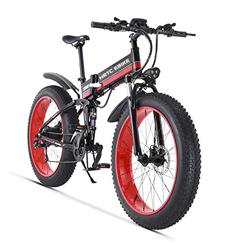 Bicicleta de montaña eléctrica plegables : Knewss Bicicleta de montaña elctrica de 26 Pulgadas 750w Fat 4.0 neumtico Ancho de Nieve Bicicleta elctrica Plegable 48v batera de Litio Oculta en el marco-36V10AH Negro Rojo