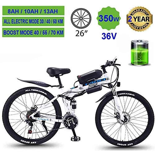 Bicicleta de montaña eléctrica plegables : KOWE Bicicleta Elctrica, Bicicleta Elctrica De 26 Pulgadas De Potencia Plegable para Adultos, Blanco, 10AH