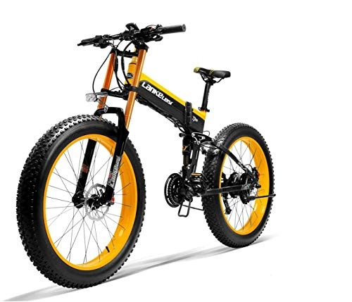 Bicicleta de montaña eléctrica plegables : Lankeleisi 750plus 48V 14.5ah 1000Wde función Completa 26"4.0 neumático Grande MTB Bicicleta eléctrica Plegable Hombres y Mujeres Adultos Tenedor Anti-actualización (Amarillo, 1000W)