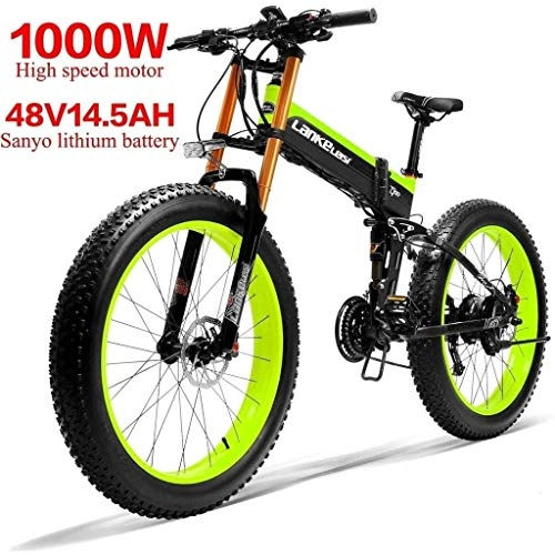 Bicicleta de montaña eléctrica plegables : Logo 1000W de Bicicleta elctrica de 26 Pulgadas Fat Tire E-Bici 4, 0 Bicicletas 48V14.5AH 27Speed Nieve MTB Plegable Elctrica en la Hembra Adulta / Hombre Ciudad de Bicicletas (Color : Green)