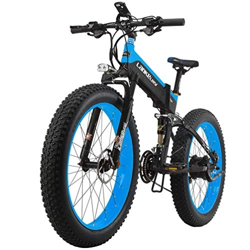 Bicicleta de montaña eléctrica plegables : LUO Bicicleta Eléctrica Potente 1000W Bicicleta Eléctrica 26 Pulgadas 4.0 Grasa 48V 10Ah Ebike 27 Velocidad Bicicleta de Montaña Bicicleta Plegable, Azul Negro