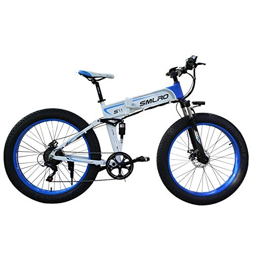 Bicicleta de montaña eléctrica plegables : Minkui 36v 10Ah batería de Litio Bicicleta eléctrica neumático Gordo súper Agarre Bicicleta eléctrica de montaña 26 Pulgadas 350W Bicicleta de Alta Potencia-Azul 36V10ah350W