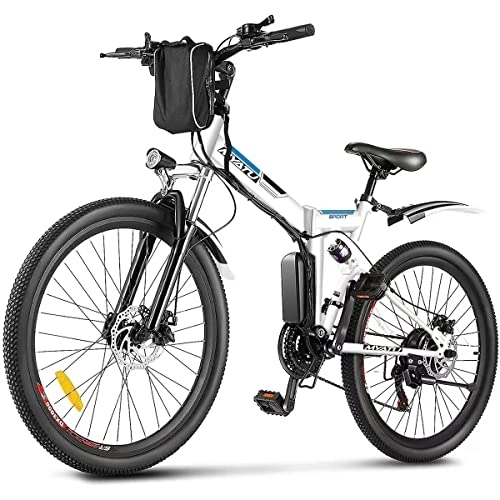 Bicicleta de montaña eléctrica plegables : Myatu Bicicleta Eléctrica Plegable de 26", Bici Electrica con Batería Extraíble de 36V 10.4Ah, E-Bike Blanca con Motor de 250W y Shimano Cambio de 21V