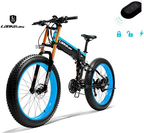Bicicleta de montaña eléctrica plegables : Nonbrand Lankeleisi XT750PLUS 48V14.5AH1000W Multi-Function Folding Electric Bike with 26-Inch 4.0 Anti-Theft Large Tire, Adult (Azul)