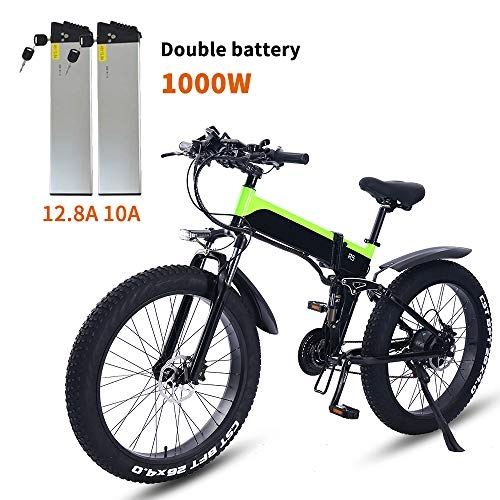 Bicicleta de montaña eléctrica plegables : ONLYU Bicicleta Eléctrica, 48V1000W Aleación De Aluminio De La Montaña De Bicicleta Eléctrica De Doble Batería De Litio 48V12.4AH / 10AH Bicicleta Plegable 4.0 Fat Tire Bike E Hombres, Verde