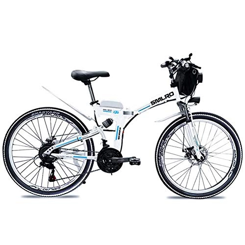 Bicicleta de montaña eléctrica plegables : QDWRF Bicicleta elctrica de montaña 26", 500W, Batera 48V 15Ah Sistema de Transmisin de 21 Velocidades con LED Faro con Batera de Litio Desmontable White 48V8AH500W