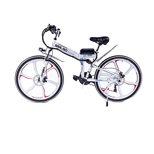 Bicicleta de montaña eléctrica plegables : QDWRF Bicicleta eléctrica de montaña 26" Rueda integrada, 350W, Batería 48V 15Ah Sistema de Transmisión de 21 Velocidades con LED Faro con Batería de Litio Desmontable White 48V15AH350W