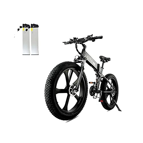 Bicicleta de montaña eléctrica plegables : ride66 Bicicleta eléctrica plegable de montaña R5 de 26 pulgadas Fat Tire con frenos hidráulicos de 21 velocidades, 1000 W, 48 V, 12, 8 Ah, batería LG de celdas de litio (doble batería negra)