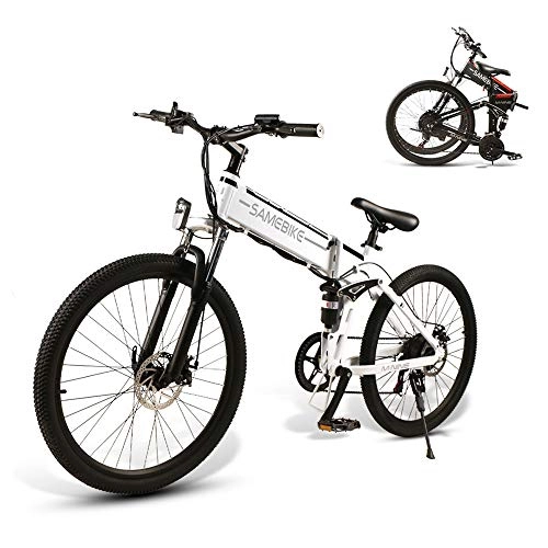 Bicicleta de montaña eléctrica plegables : SAMEBIKE Bicicletas eléctricas con neumáticos de 26 Pulgadas Bicicletas eléctricas de montaña Plegables 48V 500W para Adultos (Blanco)