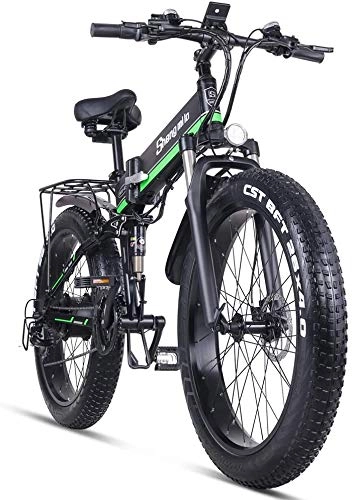 Bicicleta de montaña eléctrica plegables : Sheng Milo Beach Bicicleta eléctrica 26 Pulgadas 1000W Crucero Todoterreno Carreras de montaña 21 velocidades 4.0 neumático Gordo Moto de Nieve Doble Amortiguador (Verde)