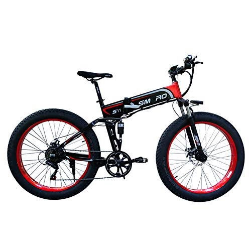 Bicicleta de montaña eléctrica plegables : SHJC Bicicleta Eléctrica Plegables, 7 Velocidades 26 Pulgadas Fat Tire Road Bicycle Beach / Snow Bike 350W 48V 8Ah Batería Doble Freno Disco Asiento Ajustable, con PedalesBicicleta de Montaña, Black Red