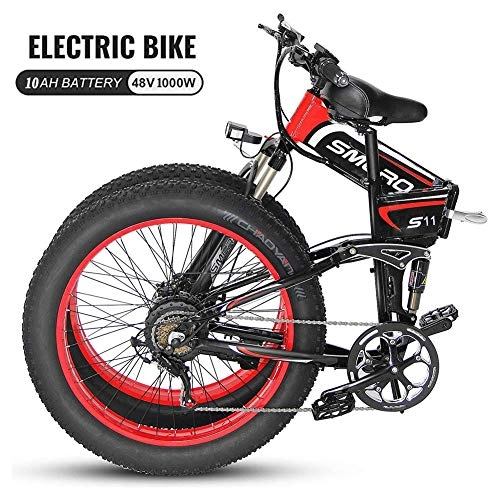 Bicicleta de montaña eléctrica plegables : Ti-Fa Bicicleta elctrica 26 '' Bicicleta de montaña elctrica con 48V de Iones de Litio con 1000W Motor de Gran Alcance, Shimano de 7 velocidades del Freno de Disco hidrulico, Black Red 350w