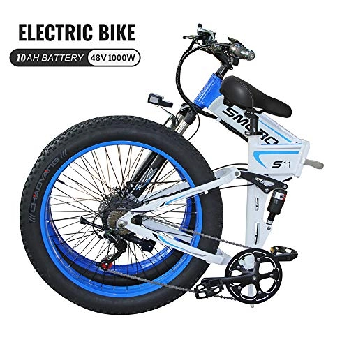 Bicicleta de montaña eléctrica plegables : Ti-Fa Bicicleta elctrica 26 '' Bicicleta de montaña elctrica con 48V de Iones de Litio con 1000W Motor de Gran Alcance, Shimano de 7 velocidades del Freno de Disco hidrulico, White Blue 500w