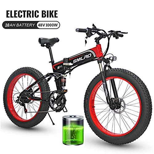 Bicicleta de montaña eléctrica plegables : Ti-Fa Montaa elctrica para Bicicleta para Adultos con Suciedad 48V 10Ah de la batera de Litio de Bicicleta elctrica, 7 Velocidad de Bicicletas Todo Terreno MBT, Black Red 1000w