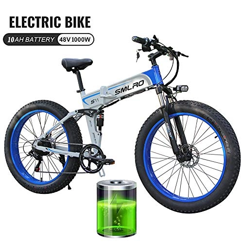 Bicicleta de montaña eléctrica plegables : Ti-Fa Montaa elctrica para Bicicleta para Adultos con Suciedad 48V 10Ah de la batera de Litio de Bicicleta elctrica, 7 Velocidad de Bicicletas Todo Terreno MBT, White Blue 1000w