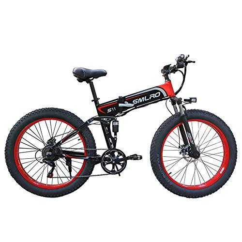 Bicicleta de montaña eléctrica plegables : WFIZNB Bicicletas de montaña eléctricas, 1000W Bicicleta eléctrica para Hombre de la 21 Velocidades 26 Pulgadas Fat Tire la Playa con la batería de Iones de Litio 48V8Ah Bicicletas Todo Terreno, Rojo