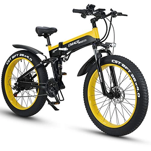 Bicicleta de montaña eléctrica plegables : XXCY X26 1000w Bicicleta Hbrida Elctrica 26 Pulgadas Fat Bike 48v 12.8ah Moto De Nieve Plegable Ebike (Amarillo)