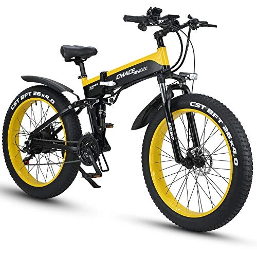 Bicicleta de montaña eléctrica plegables : XXCY X26 1000w Bicicleta Híbrida Eléctrica 26 Pulgadas Fat Bike 48v 12.8ah Moto De Nieve Plegable Ebike (Amarillo)