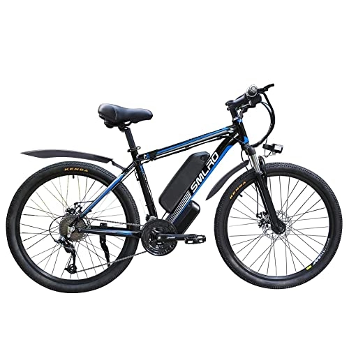 Bicicletas de montaña eléctrica : AKEZ Bicicleta eléctrica para hombre de 26 pulgadas, bicicleta eléctrica para mujer, bicicleta eléctrica con batería extraíble de 48 V / 10 Ah, cambio Shimano de 21 velocidades (negro azul) 500