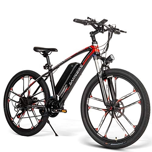 Bicicletas de montaña eléctrica : Bicicleta eléctrica SAIWOO SM26 de 26 Pulgadas (Negra), Bicicleta de montaña de aleación de Aluminio, Equipada con Shimano de 21 velocidades, batería de Litio extraíble de 48V8Ah, Apta para Adultos