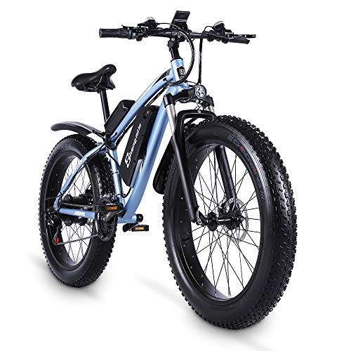 Bicicletas de montaña eléctrica : brogtorl Shengmaile-mx02s 26 pulgadas 48V 1000W bicicleta eléctrica grasa neumático 21 velocidad bicicleta eléctrica pedal asistido batería de litio freno de disco hidráulico (azul, una batería)