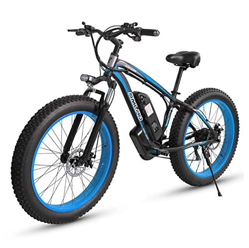 Bicicletas de montaña eléctrica : ONLYU Bicicletas De Montaña Eléctricas, 26 * 4.0 Pulgadas Fat Tire Bicicleta Eléctrica Playa con Bloqueo De Batería 36V 10Ah Batería De Litio De Freno De Disco Velocidad De 27 Velocidades, Black Blue
