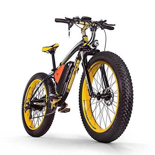 Bicicletas de montaña eléctrica : RICH BIT 012 Bicicleta eléctrica de montaña, Bicicleta eléctrica de con batería de Litio extraíble de 48 V 17 Ah, Pantalla LCD, Shimano de 21 velocidades (Amarillo Negro)