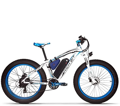 Bicicletas de montaña eléctrica : Rich BIT Electric Bike RT-022 Motor sin escobillas 48V * 17Ah LG li-Battery Smart e-Bike Freno de Disco Dual Shimano 21 velocidades (White-Blue)