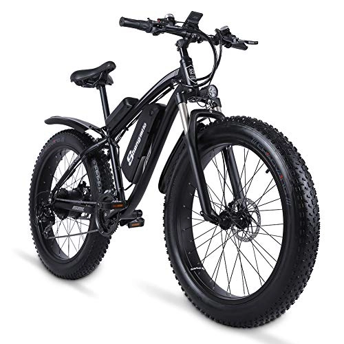 Bicicletas de montaña eléctrica : Shengmaile-mx02s 26 Pulgadas 48V 1000W Bicicleta eléctrica neumático Gordo batería de Litio Freno de Disco hidráulico (Negro, Agrega una batería Extra)