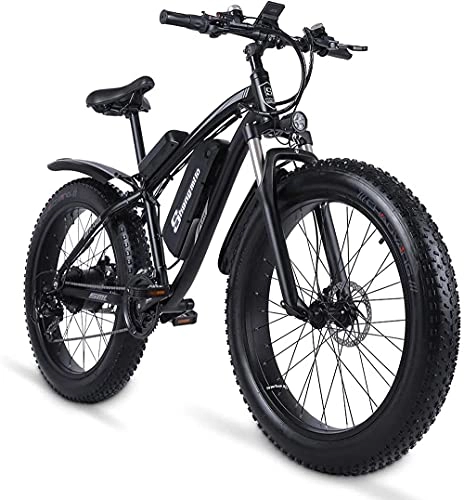Bicicletas de montaña eléctrica : Shengmilo MX02S Bicicleta eléctrica de gran alcance de 26 pulgadas con neumáticos de grasa de 1000 W, 48 V / 17 Ah, eBike ciclomotor, Ebike acelerador y asistencia de pedal (negro, batería de repuesto)