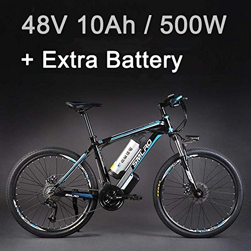 Bicicletas de montaña eléctrica : SMLRO 26" 48V 500W La Bicicleta elctrica de la aleacin de Aluminio, 27 velocidades, MTB / la Bici de montaña, adopta los Frenos de Disco del Aceite (10Ah Azul Negro Batera Plus)