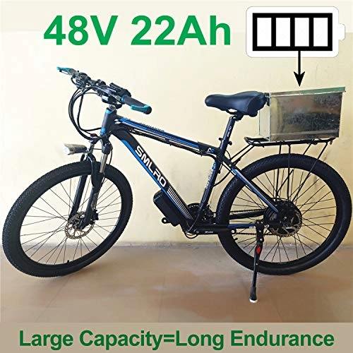 Bicicletas de montaña eléctrica : SMLRO C6 Bicicleta elctrica de 27 velocidades Bicicleta de montaña de 26" Batera de Litio de 48 V Bicicleta elctrica asistida, adopte el Freno de Disco de Aceite (Black Blue, 22Ah)