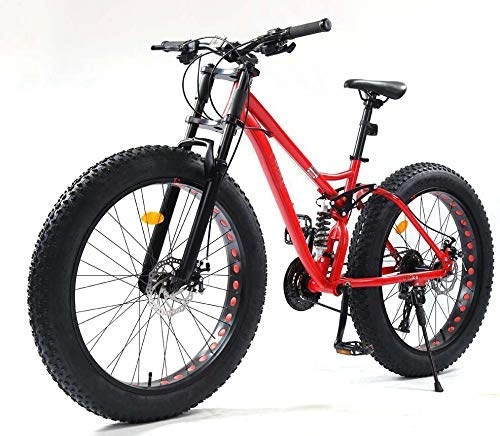 Bicicletas de montaña Fat Tires : ALQN Bicicletas de montaña de 26 pulgadas, Fat Tire Mbt Bike Bicicleta de cola suave, Bicicleta de montaña de suspensin completa, Marco de acero de alto carbono, Freno de disco doble, rojo, 24 velocid