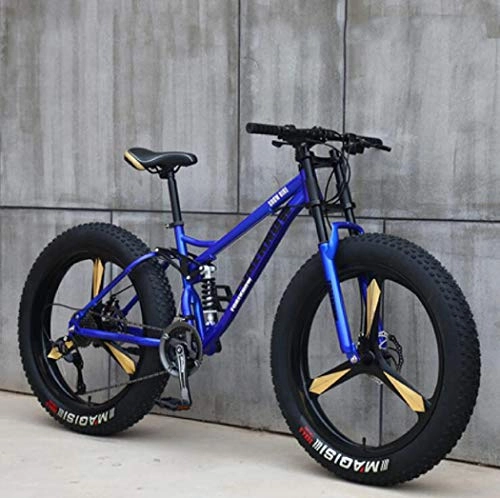 Bicicletas de montaña Fat Tires : Bicicleta de bicicleta de montaña de 26 "para adultos Velocidad Variable Off Road Mountain Bike Marco de acero de alto carbono Horquilla delantera amortiguadora Doble disco de freno, Azul, 27 speed