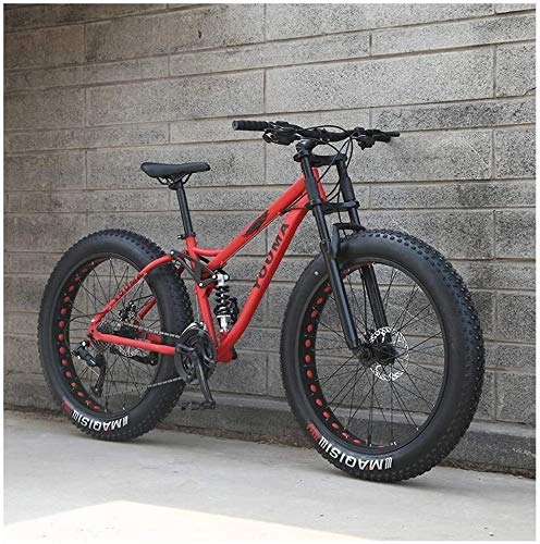 Bicicletas de montaña Fat Tires : Bicicleta de montaña de 26 pulgadas para adultos y jvenes Hardtail MTB, marco de acero al carbono, grandes neumticos de suspensin completa Mountain Bike, color rojo, tamao 21speeds