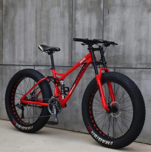 Bicicletas de montaña Fat Tires : Langlin Bicicleta de Bicicleta de montaña de 24" / 26" para Adolescentes Adultos Marco de Acero de Alto Carbono Suspensión Doble de Cola Suave Doble Disco de Freno MTB Todo Terreno, Rojo, 24" 21 Speed