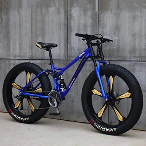 Bicicletas de montaña Fat Tires : Langlin Bicicleta de montaña 26 Pulgadas 7 / 21 / 24 / 27 Bicicleta de Velocidad Marco de Acero de Alto Carbono Sistema de Doble Freno de Disco Fat Tire - Bicicleta de montaña para Hombre, Azul, 7 Speed