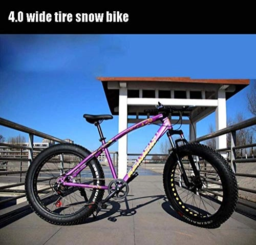 Bicicletas de montaña Fat Tires : URPRU Mens Adultos de Grasa neumático de la Bici de montaña Doble Disco de Freno Playa Nieve de Bicicletas de Alto carbón del Marco de Acero Bicicletas Cruiser 26 Pulgadas Ruedas-Purple_24_Speed
