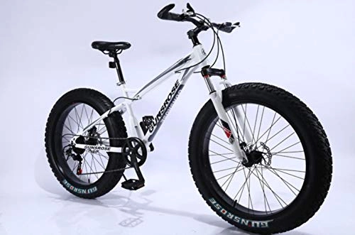 Bicicletas de montaña Fat Tires : WYN Bicicleta de neumático Grueso de 24 y 26 Pulgadas Marco de Acero al Carbono Beach Cruiser Snow Fat Bikes Deportes para Adultos, Blanco, 26 Pulgadas y 7 velocidades