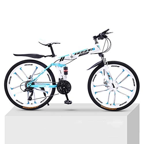 Bicicletas de montaña plegables : 21 Velocidades Bicicletas De Ambos Sexos De 10 Cuchillo De Ruedas De Bicicleta De Montaña Bicicleta De Adulto Plegable Doble Amortiguación Fuera De Carretera De Velocidad Variable Y, White blue, 26 inch