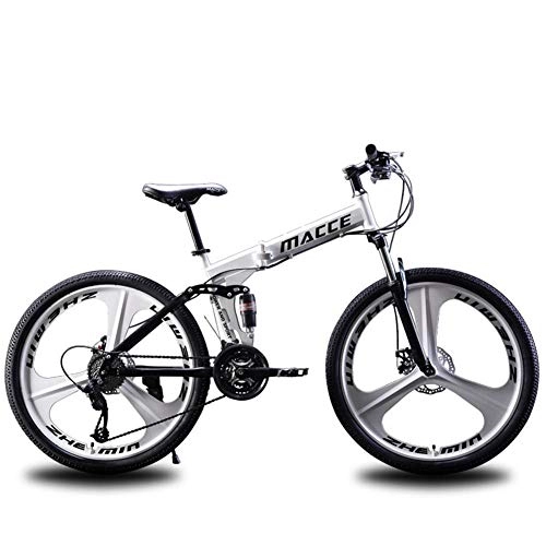Bicicletas de montaña plegables : Bicicleta de Montaña Adulto, Bicicleta Plegable con Marco de Acero de Alto Carbono, Bicicletas de MTB de Suspensión Completa, Doble Freno de Disco, Pedales de PVC-Blanco-1_24 Pulgadas 27 Velocidades