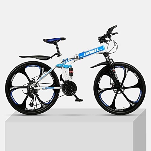 Bicicletas de montaña plegables : Bicicleta de montaña al Aire Libre de 26 Pulgadas con una Rueda Plegable de Acero de Alto Carbono Marco Doble Frenos de Disco Estudiante Unisex Bicicleta de montaña-Azul_24 velocidades