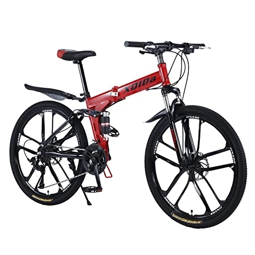 Bicicletas de montaña plegables : Bicicleta de montaña de 26 Pulgadas con Doble absorción de Impactos para Bicicleta Plegable de Fibra de Carbono y Bicicleta con Bolsa de Bicicleta, Las Bicicletas de suspensión Completa (Color : RD)